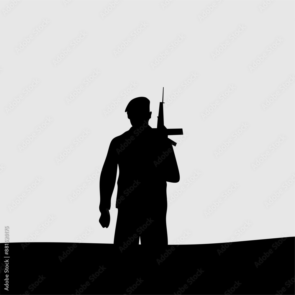 Silhouette of a Soldier carrying a rifle in a World War victory scene, a symbol of heroism and army victory in the conflict. Silhouette of a Soldier carrying a rifle in a World War victory scene, a symbol of heroism and army victory in the conflict.