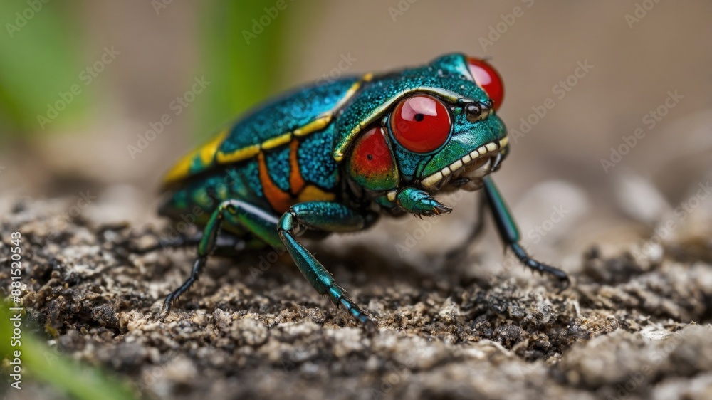 Close-up of a vibrant insect with striking red eyes and iridescent green body, perched on the ground, highlighting its vivid colors and intricate details.
Close-up of a vibrant insect with striking red eyes and iridescent green body, perched on the ground, highlighting its vivid colors and intricate details.