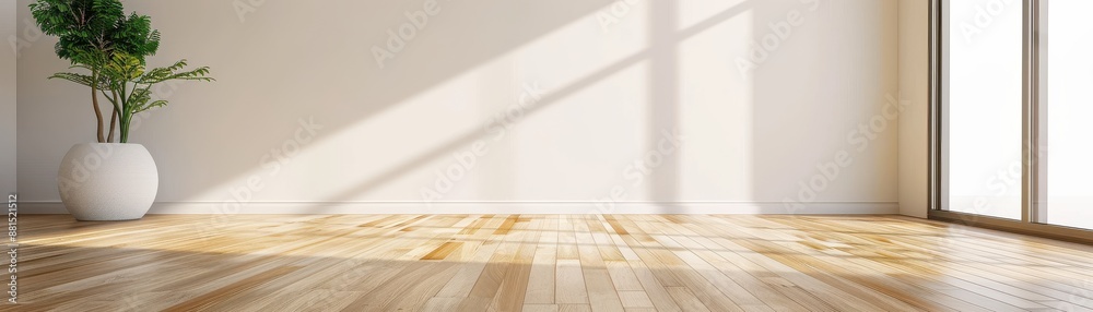 Sunlit empty room with wooden floors, a large window, and a potted plant, perfect for interior design, home decor, or real estate use. Sunlit empty room with wooden floors, a large window, and a potted plant, perfect for interior design, home decor, or real estate use.