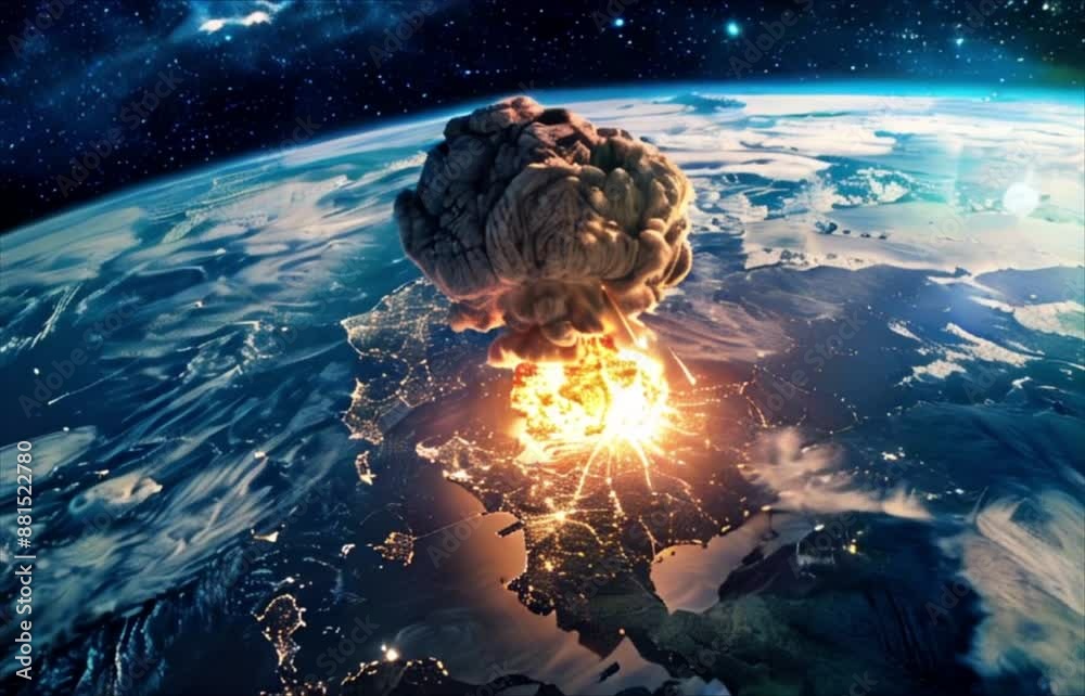 Nuclear explosion on the surface of planet Earth, view from space. Atomic bomb blast. Apocalypse or world war 