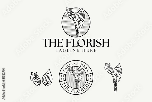 peace lily flower buds with leaves line art vintage logo design. simple several stems of peace lilies with leaves badge logo concept. feminine peace lily flower logo for boutique, spa, salon business