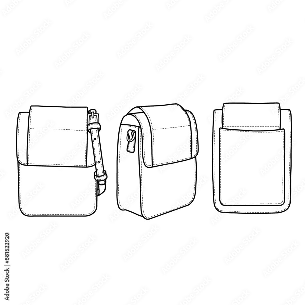 Women sling bag. Top handle bag flat sketch fashion illustration drawing template mock-up. Front, back, and side view. Women sling bag. Top handle bag flat sketch fashion illustration drawing template mock-up. Front, back, and side view.