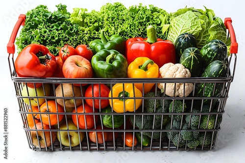 Fresh groceries neatly arranged in a shopping basket, symbolizing online buying and delivery convenience.