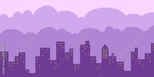 Fotografía Pixel art purple city with buildings city scape panoramic and clouds