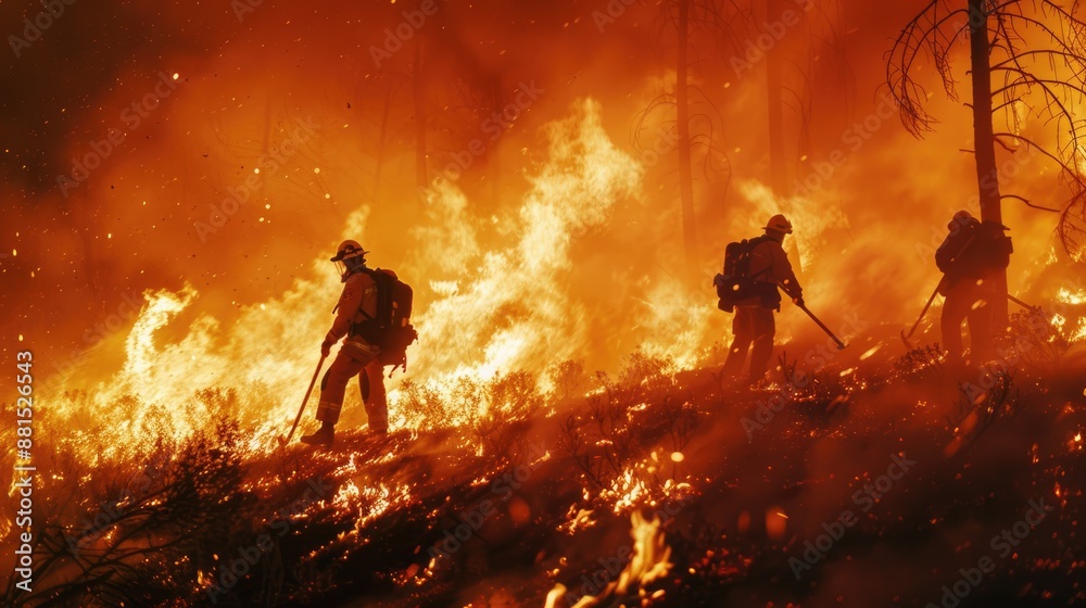 Obraz premium forest fire advancing towards a small community, with flames and smoke threatening homes and wildlife