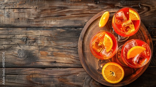 Aperol spritz cocktails on wooden board with orange slices Summery drink in glasses Top down view with space for text