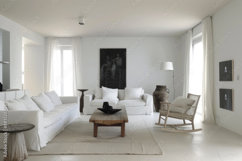 Fototapeta premium A serene living room with white walls, minimal furniture, and a few carefully chosen accents. The raw photo highlights the purity and simplicity of the space.