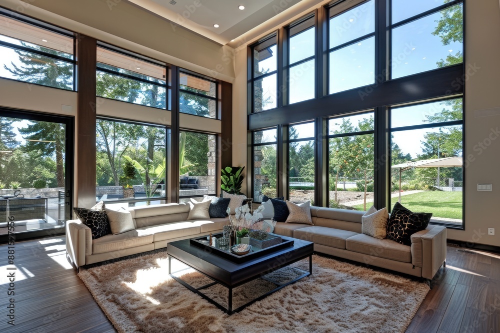 Fototapeta premium Living room with a sofa, coffee table, and large window