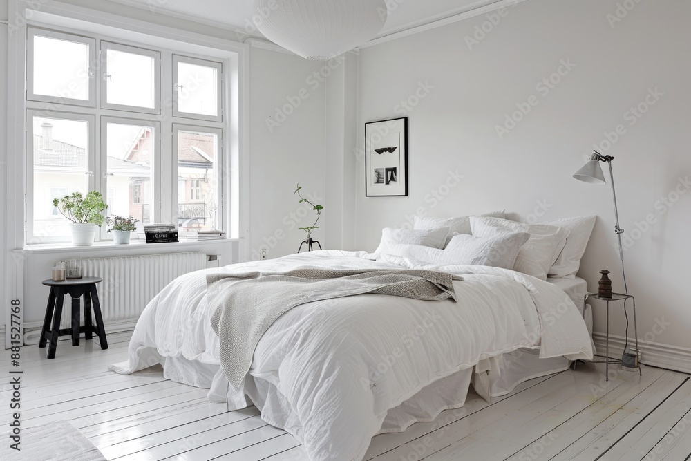 Fototapeta premium Modern white bedroom with minimal decor, cozy elements, and bright ambiance
