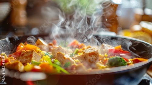 closeup of tofu scramble with colorful vegetables