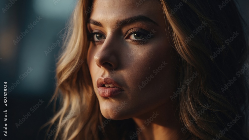 Close-up portrait of a young woman with long hair, looking pensive, illuminated by natural lighting, highlighting her features.
