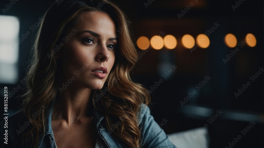 A thoughtful woman with wavy hair, sitting in a dimly lit interior with ambient lighting, exuding elegance and contemplation.
A thoughtful woman with wavy hair, sitting in a dimly lit interior with ambient lighting, exuding elegance and contemplation.