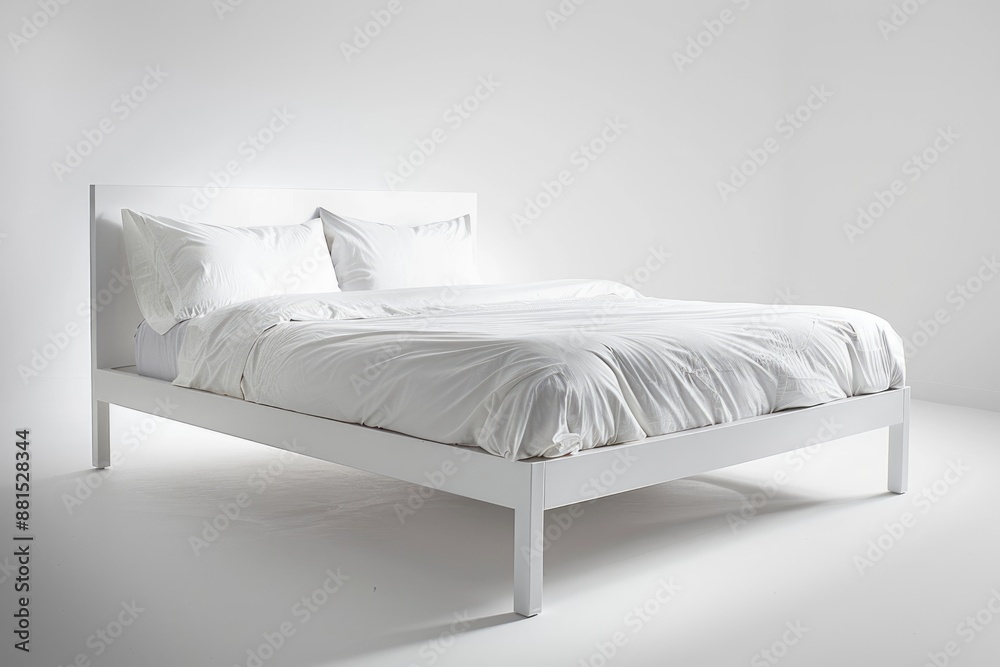 Obraz premium Modern minimal white bedroom with a sleek white bed frame and crisp white bedding.