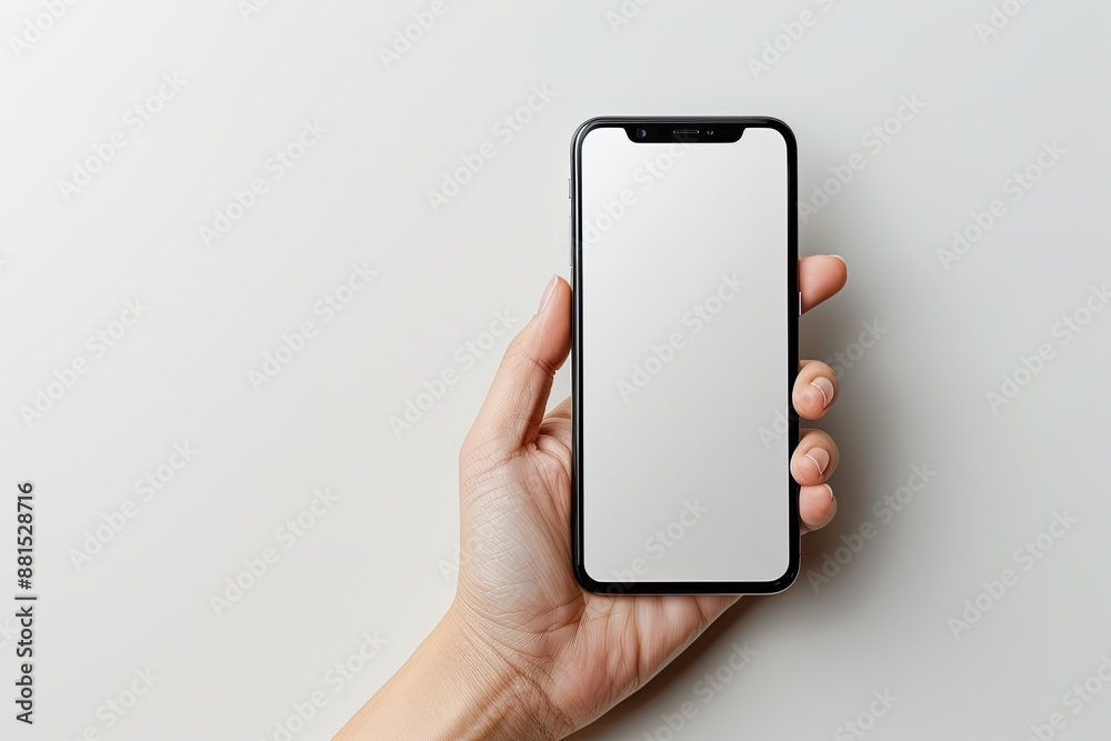 Smartphone mockup on hand with white blank screen created with Generative AI Smartphone mockup on hand with white blank screen created with Generative AI