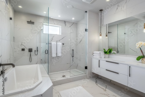 Clean lines in a white bathroom with a seamless glass shower and modern fixtures