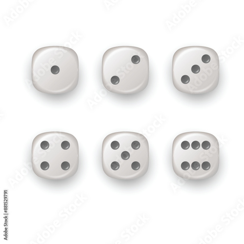 Six white dice showing different numbers, arranged in two rows. Vector
