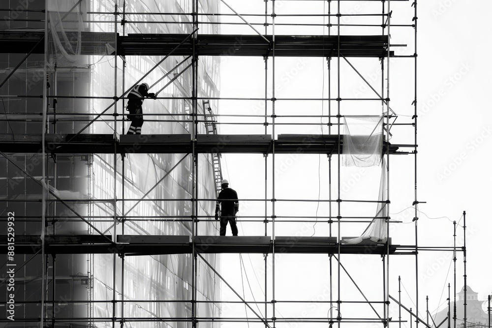 Two Construction Workers on Scaffolding During Daytime Building Renovation Two Construction Workers on Scaffolding During Daytime Building Renovation
