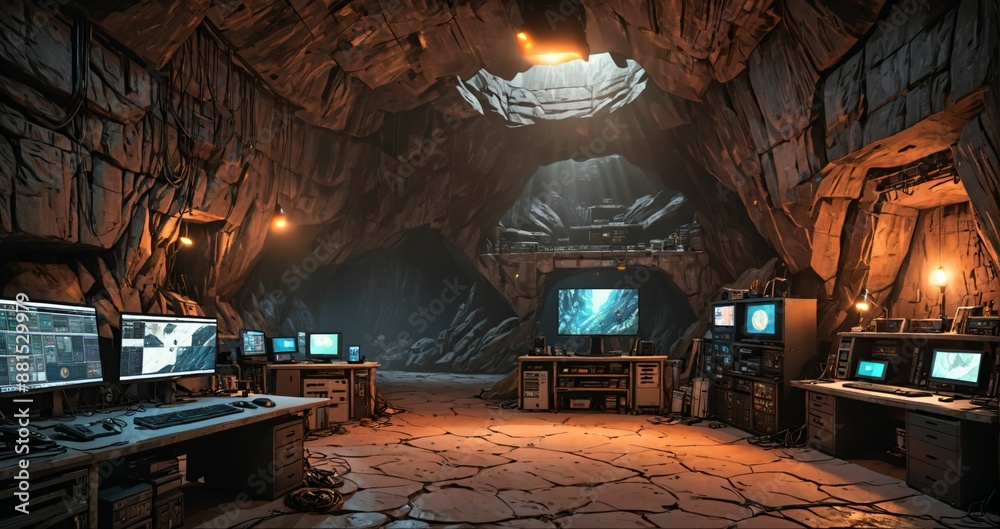 Obraz premium underground house interior. secret base lair in cave interior. high tech with monitors, tv, televisions and homely furnishing. rock and smooth stone.