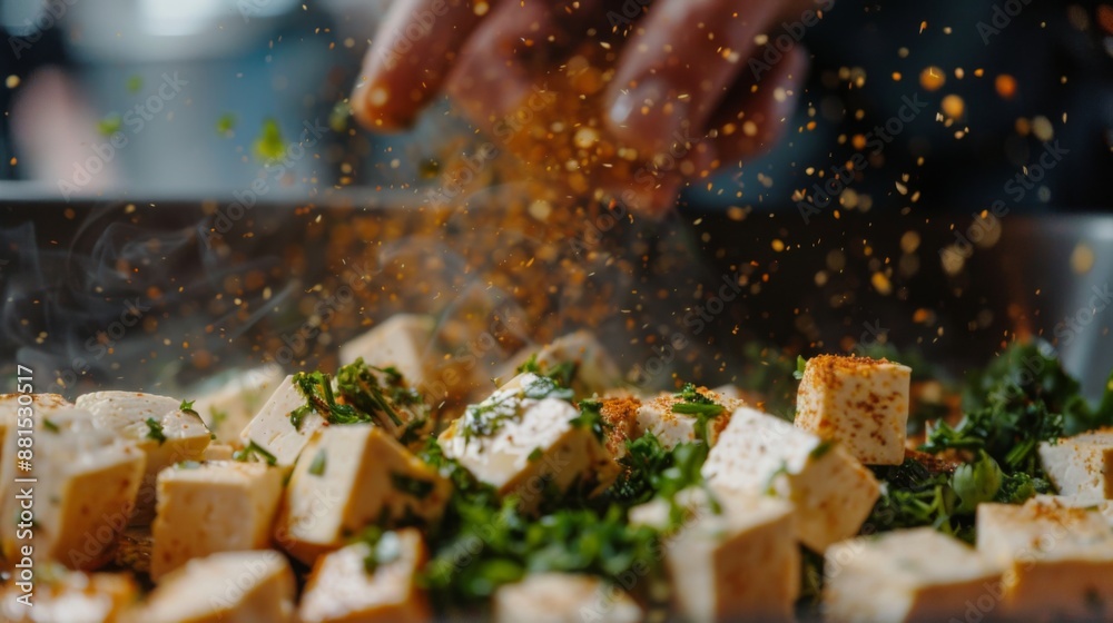 closeup of tofu cubes being seasoned with spices closeup of tofu cubes being seasoned with spices