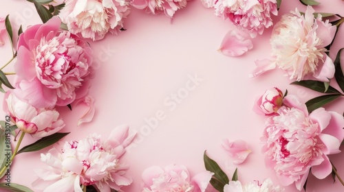 Peony blossoms arranged in a rectangular frame formation on a light pink background, creating a charming and romantic setting ideal for greeting cards, invitations, and social media posts.