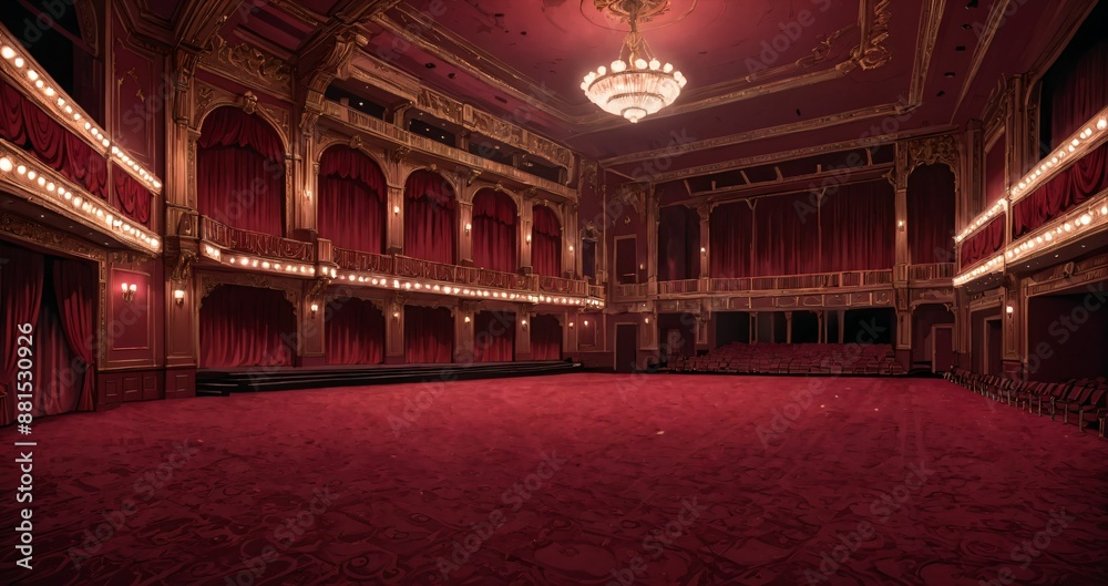 Obraz premium interior of auditorium ballroom in mansion palace hotel castle building. red and gold gothic decor and embellishments lavish decor. chandelier and candle lighting.