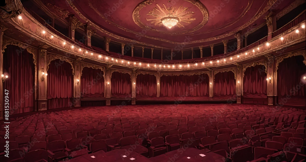 Obraz premium interior of auditorium ballroom in mansion palace hotel castle building. red and gold gothic decor and embellishments lavish decor. chandelier and candle lighting.