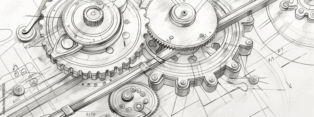 Detailed sketch of intricate factory machinery and gears, mechanical design, hand drawn style. Detailed sketch of intricate factory machinery and gears, mechanical design, hand drawn style.