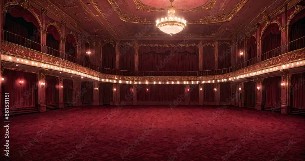 Obraz premium interior of auditorium ballroom in mansion palace hotel castle building. red and gold gothic decor and embellishments lavish decor. chandelier and candle lighting.