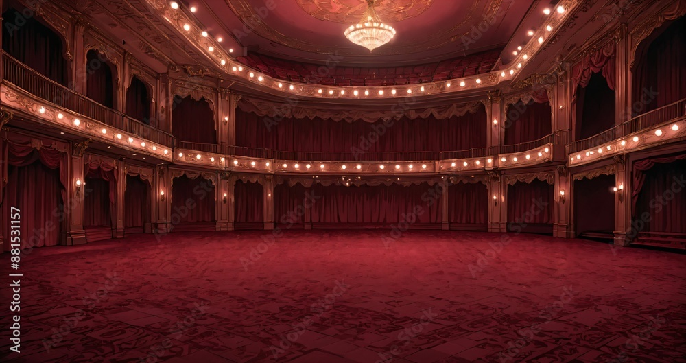 Obraz premium interior of auditorium ballroom in mansion palace hotel castle building. red and gold gothic decor and embellishments lavish decor. chandelier and candle lighting.