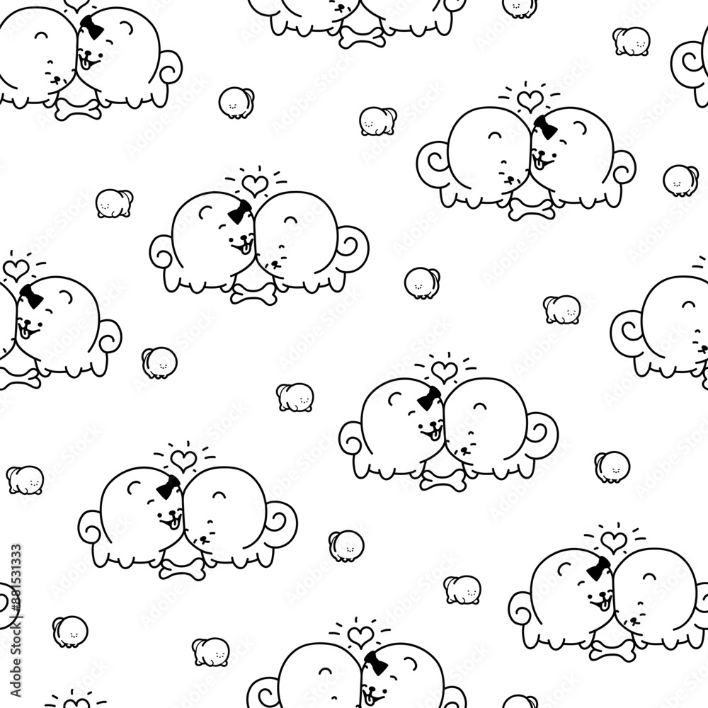 Fototapeta premium Cute kawaii pomeranian dog. Seamless pattern. Coloring Page. Cartoon character. Vector drawing. Design ornaments.