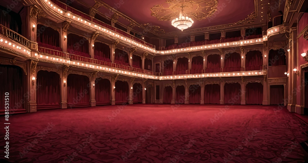 Obraz premium interior of auditorium ballroom in mansion palace hotel castle building. red and gold gothic decor and embellishments lavish decor. chandelier and candle lighting.