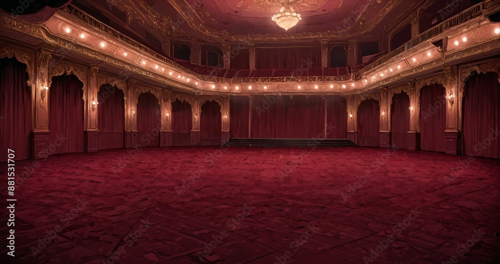 Obraz premium interior of auditorium ballroom in mansion palace hotel castle building. red and gold gothic decor and embellishments lavish decor. chandelier and candle lighting.