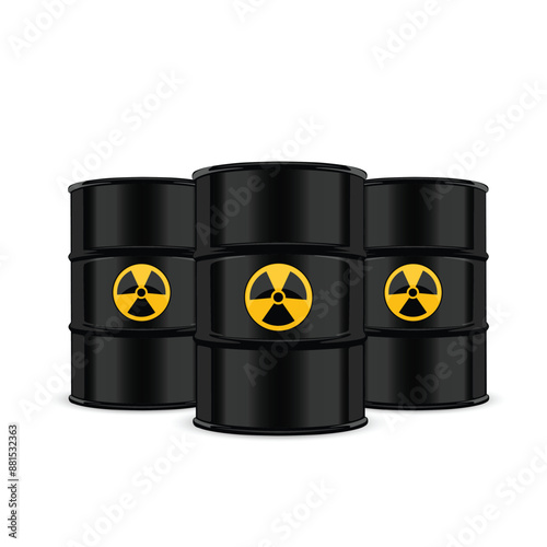 Three black barrels with radioactive symbols, isolated, standing together. Vector illustration