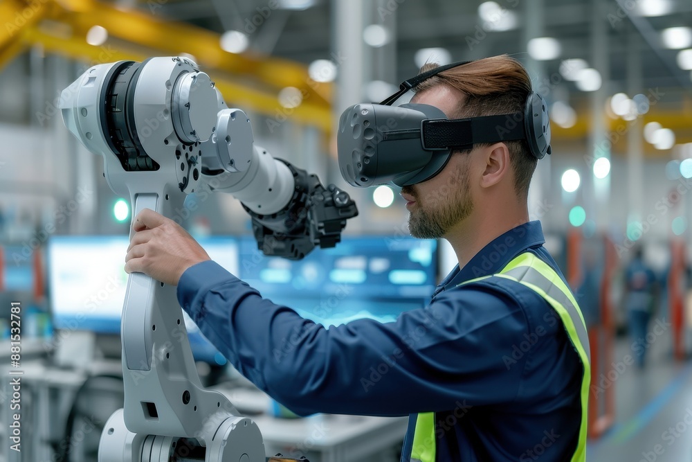 Engineer with VR headset controls an orange robotic arm in a high-tech industrial environment. Engineer with VR headset controls an orange robotic arm in a high-tech industrial environment.