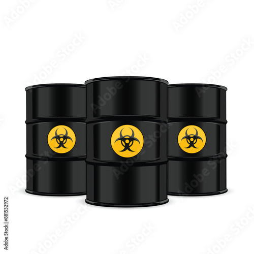 Three black barrels with biohazard symbols, isolated, standing together. Vector