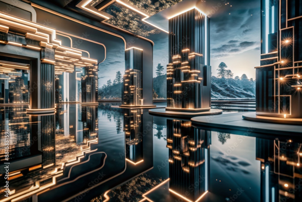 A futuristic cityscape with a large body of water in the center A futuristic cityscape with a large body of water in the center