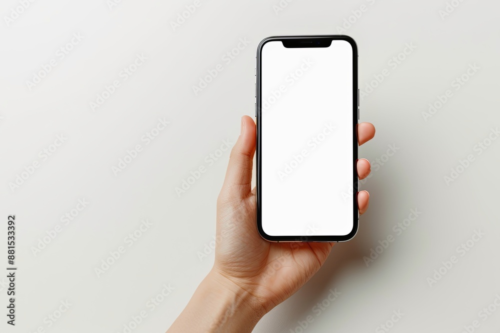 Smartphone mockup on hand with white blank screen created with Generative AI Smartphone mockup on hand with white blank screen created with Generative AI