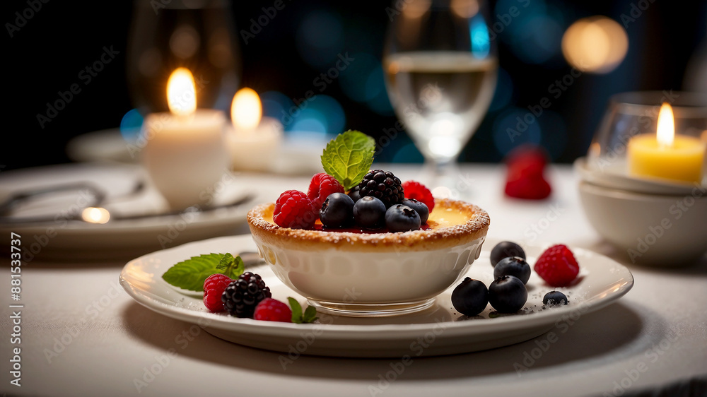 Elegant Dessert Presentation Create an image of a beautifully set table in a dimly lit, upscale restaurant