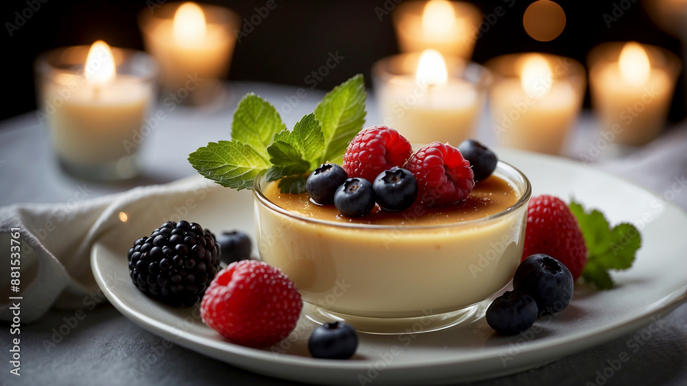Elegant Dessert Presentation Create an image of a beautifully set table in a dimly lit, upscale restaurant Elegant Dessert Presentation Create an image of a beautifully set table in a dimly lit, upscale restaurant