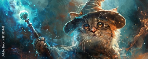 Charming fantasy artwork of a cat dressed as a wizard with a magical staff, casting a spell in a mystical world.