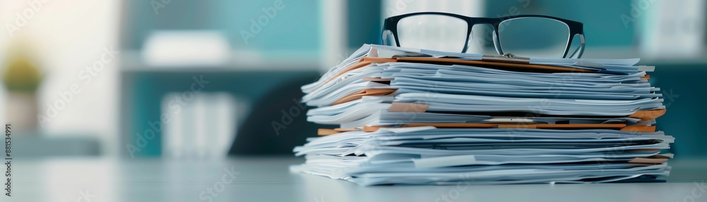 Stack of paper on a table with a pair of glasses on top. Stack of paper on a table with a pair of glasses on top.