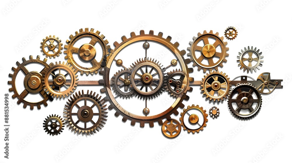 Intricate Steampunk Clockwork Gears and Cogs on White Background Intricate Steampunk Clockwork Gears and Cogs on White Background