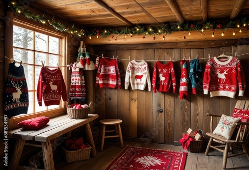 a rustic wooden cabin interior decorated for the holidays, with handmade Christmas sweaters featuring traditional patterns like reindeer and snowflakes hanging on a clothesline