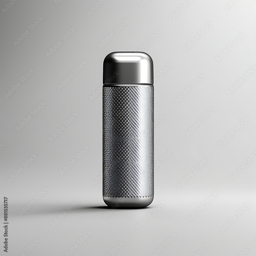 A silver metal bottle with a silver top A silver metal bottle with a silver top