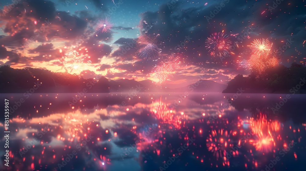 Naklejka premium Mesmerizing Fireworks Display Reflecting on Tranquil Lake at Fourth of July
