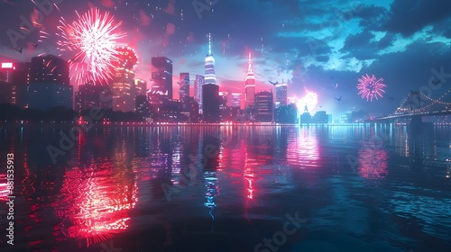 Mesmerizing Fireworks Display Lighting up the Cityscape Reflected in the Water