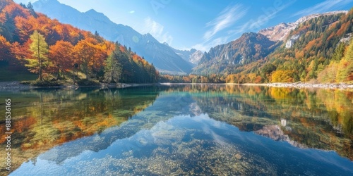 Serene Mountain Lake Reflecting the Colorful Autumn Trees