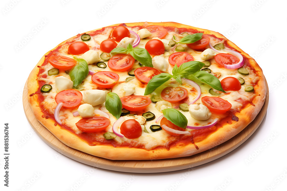 A pizza with tomatoes isolated on white background A pizza with tomatoes isolated on white background