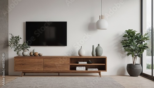 Living room interior with tv on cabinet and decorative lath on empty white wall background