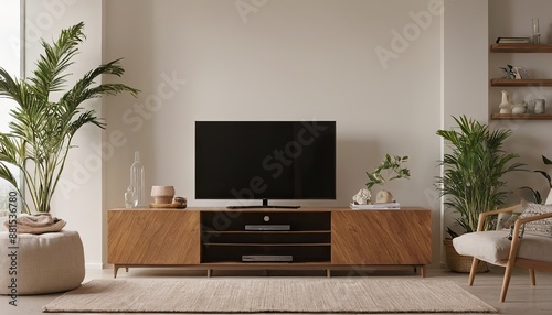 Living room interior with tv on cabinet and decorative lath on empty white wall background